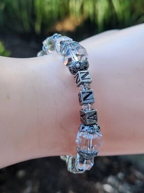 Clear Crystal Glass Beads Bracelet ANN Name Cross Charm Silver Tone Toggle 7”